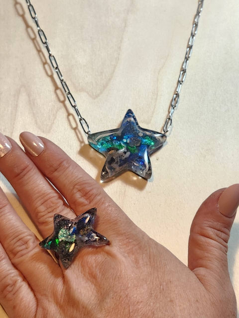 Third Eye Full Enhydro Star Necklace & Adjustable Ring Set | Stainless Steel
