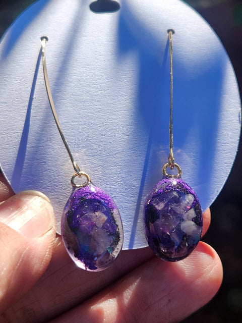 EMF Blocking Protective Shielding Purple Blue-Shimmer Gold-Plated Drop Earrings | Piezoelectric | Sacred Heart Collection