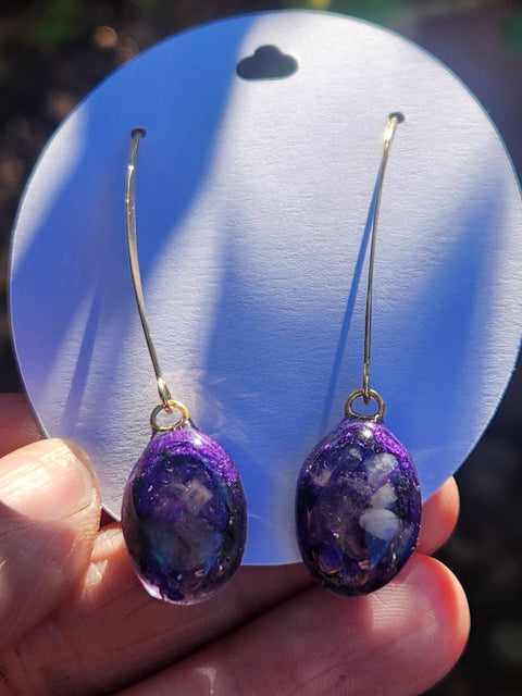 EMF Blocking Protective Shielding Purple Blue-Shimmer Gold-Plated Drop Earrings | Piezoelectric | Sacred Heart Collection