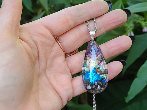 Piezoelectric Cosmic Moonfall Full Enhydro Teardrop Necklace — 22-Inch Stainless Steel