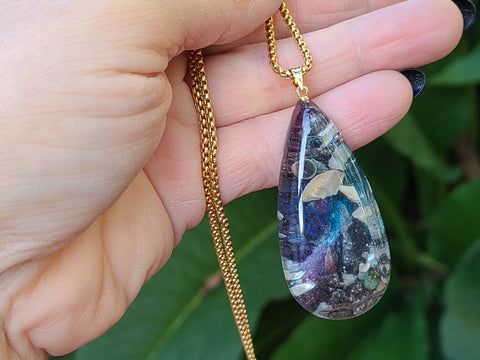 Serendipity Cosmic Drift Full Enhydro Teardrop Necklace — 21-Inch Gold-Plated Stainless Steel