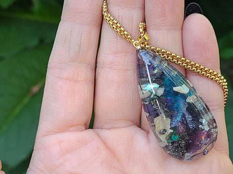 Serendipity Cosmic Drift Full Enhydro Teardrop Necklace — 21-Inch Gold-Plated Stainless Steel