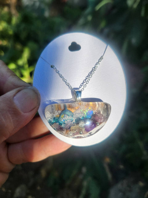 Sacred Heart Blue Dolphin Half Moon Full Enhydro Necklace — 18-Inch 925 Silver Chain