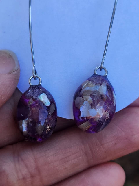 EMF Blocking Protective Shielding Pink & Purple Stainless Steel Drop Earrings | Piezoelectric | Sacred Heart Collection