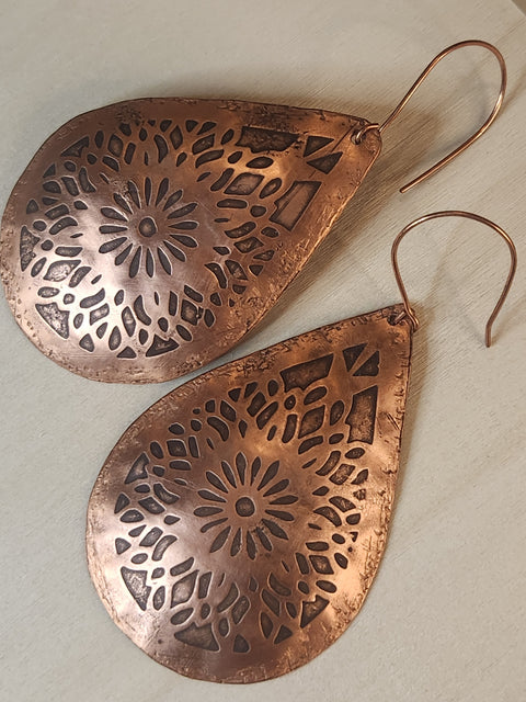 Hand-Etched Reclaimed Copper Statement Earrings